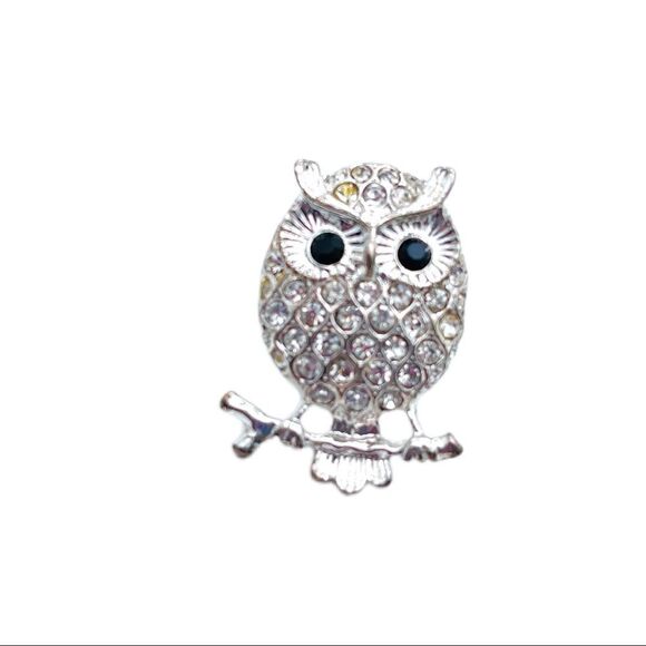 Owl Silvertone Rhinestone Ring Size 6 - Picture 3 of 8